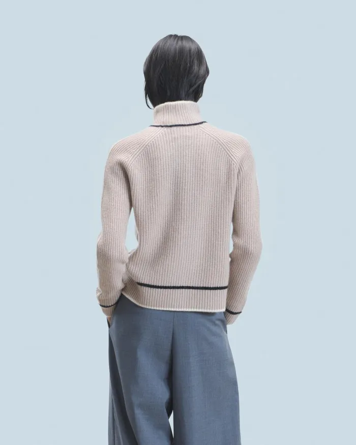 From Future Cashmere Sweaters Women Mock Neck Tricolor Sweater In Textured Knit Iced Sand