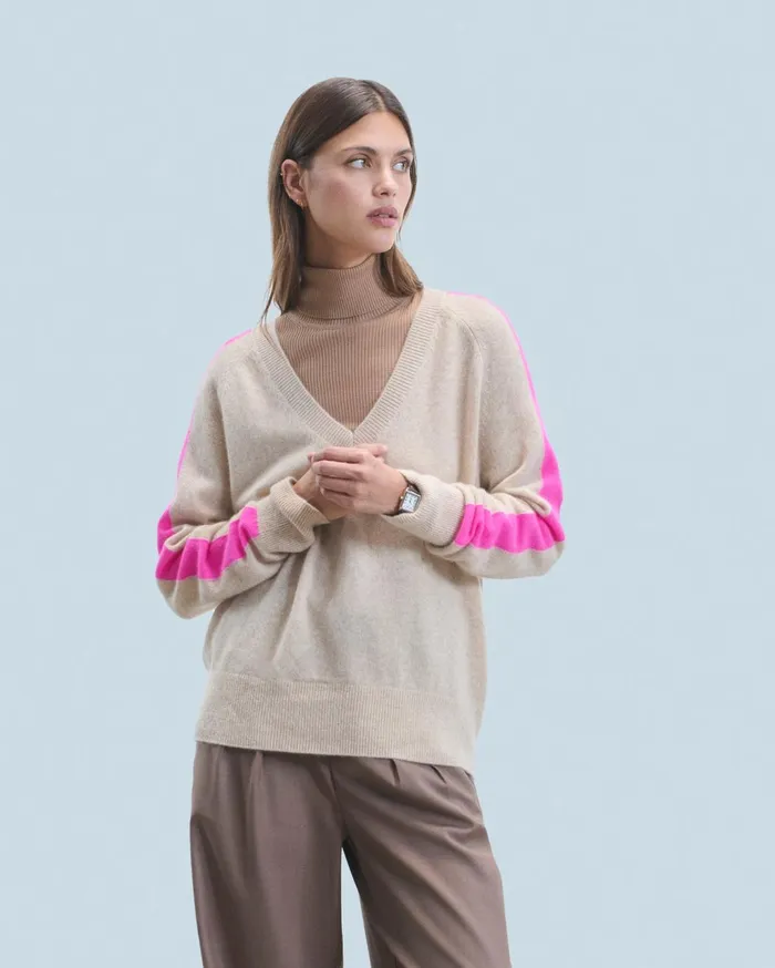 From Future Cashmere Sweaters Women Oversized VNeck Sweater With TwoTone Stripes Heather Beige