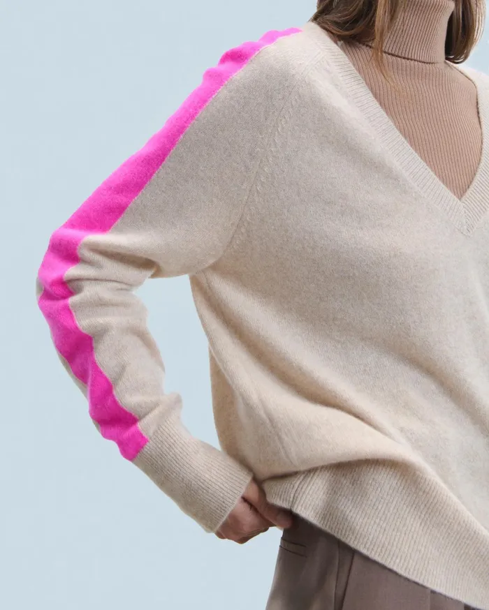 From Future Cashmere Sweaters Women Oversized VNeck Sweater With TwoTone Stripes Heather Beige