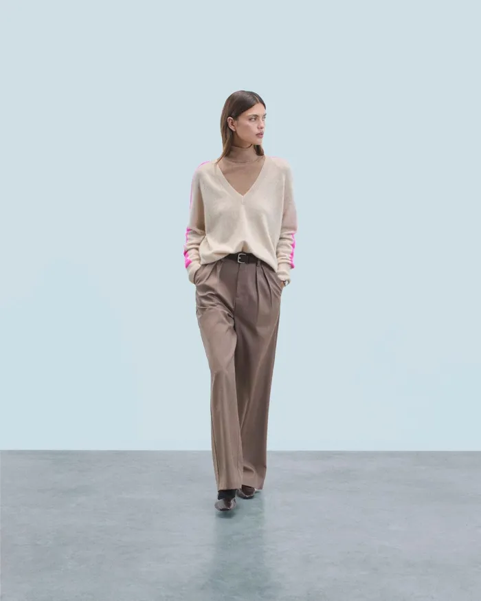 From Future Cashmere Sweaters Women Oversized VNeck Sweater With TwoTone Stripes Heather Beige