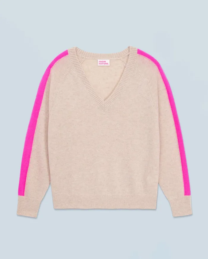 From Future Cashmere Sweaters Women Oversized VNeck Sweater With TwoTone Stripes Heather Beige