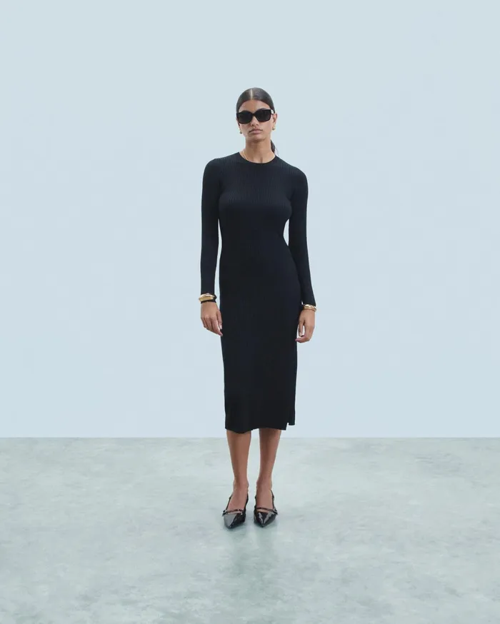 From Future Dresses and Jumpsuits Women Long Sleeve Ribbed Slit Long Dress Black