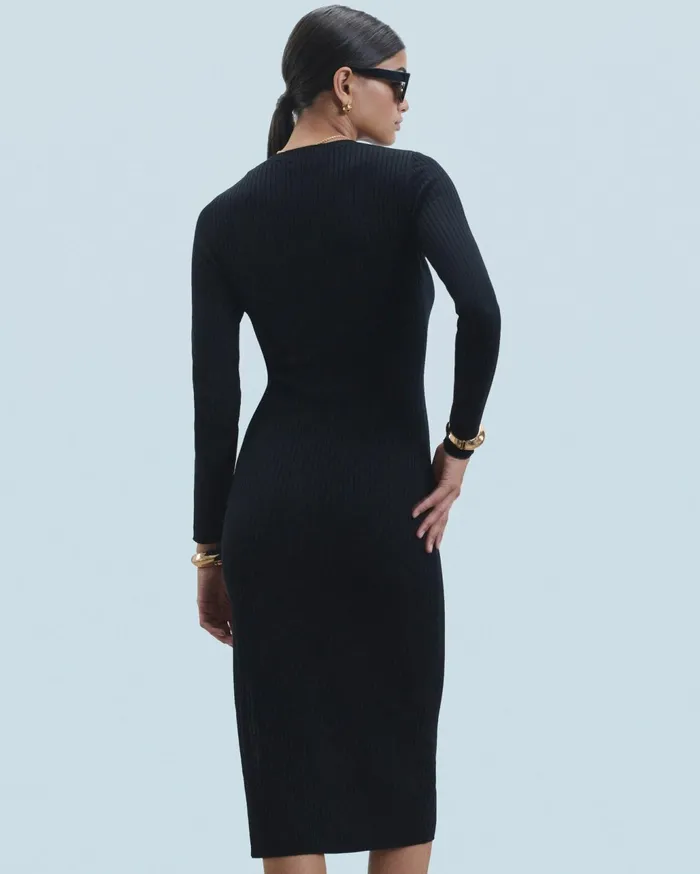 From Future Dresses and Jumpsuits Women Long Sleeve Ribbed Slit Long Dress Black