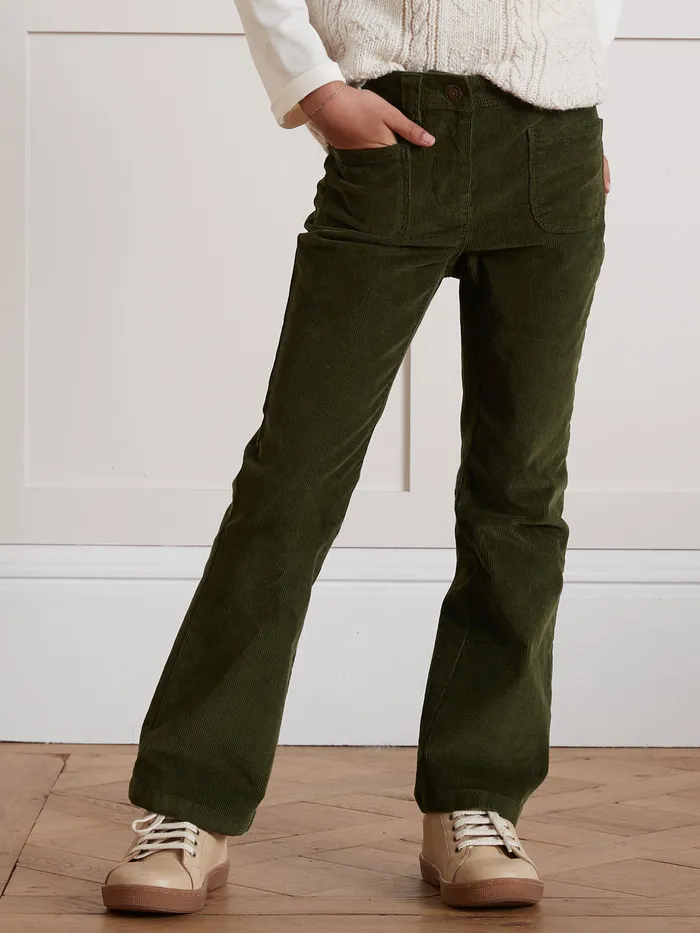 Girls Cyrillus Clothing Flared Corduroy Trousers Vert Chasse