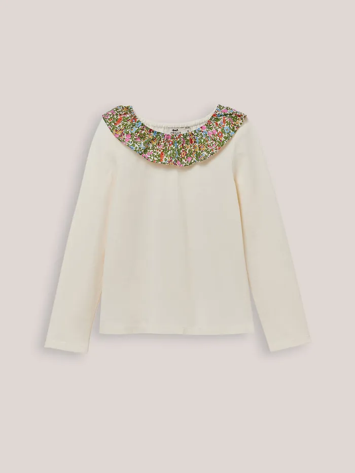 Girls Cyrillus Clothing Organic Cotton TShirt Collar Made With Liberty Fabric Ecru