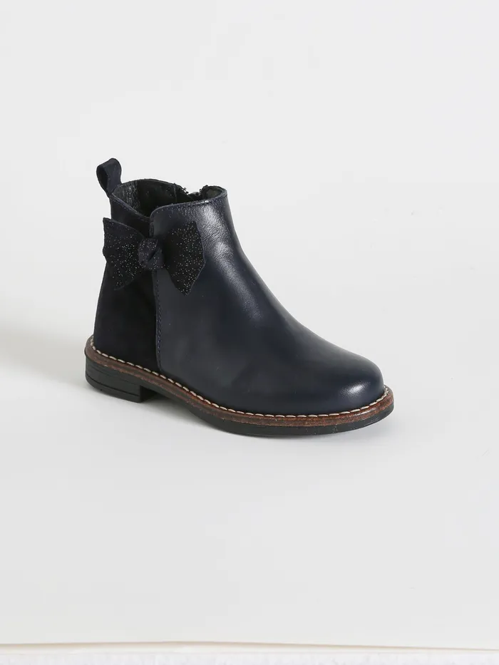 Girls Cyrillus Shoes Leather Ankle Boots With Bow Marine