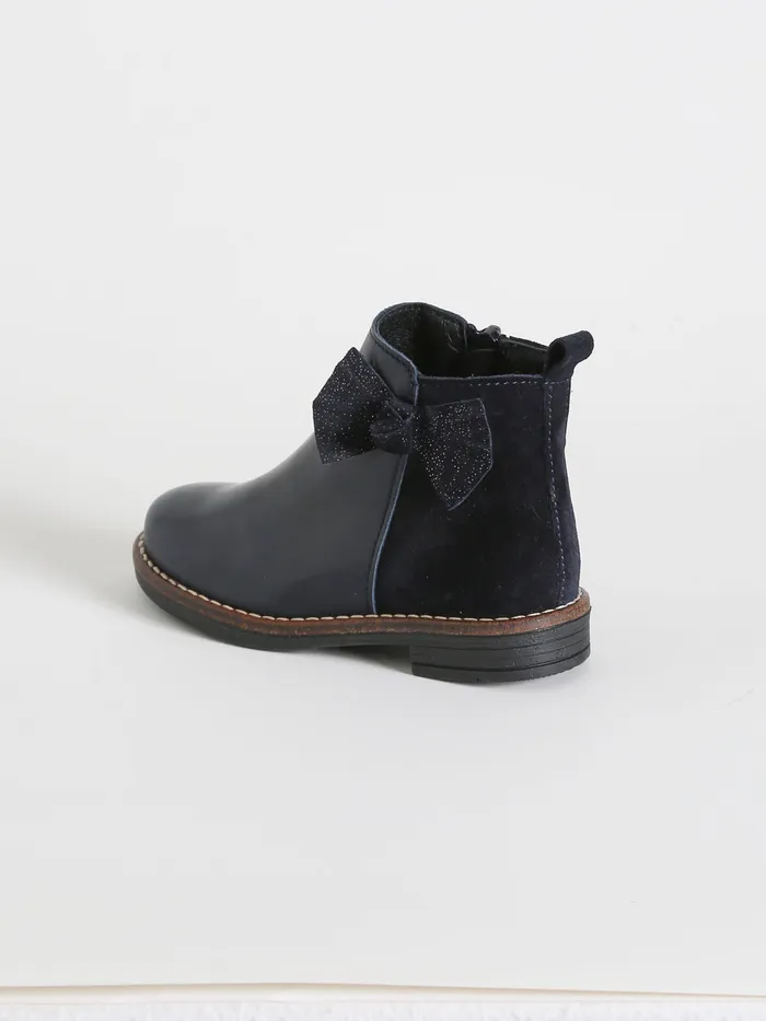 Girls Cyrillus Shoes Leather Ankle Boots With Bow Marine