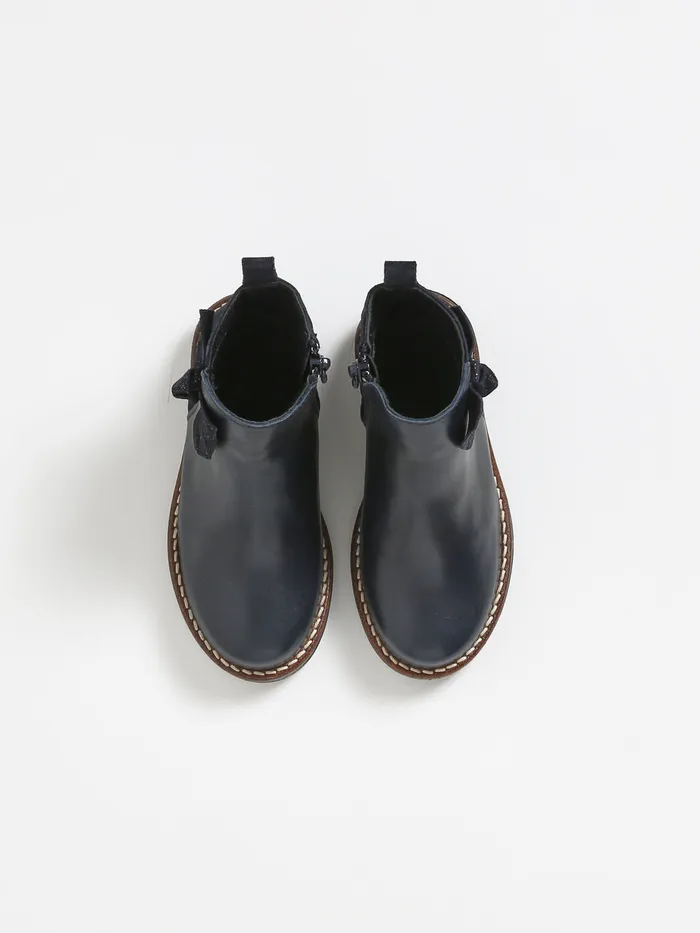 Girls Cyrillus Shoes Leather Ankle Boots With Bow Marine