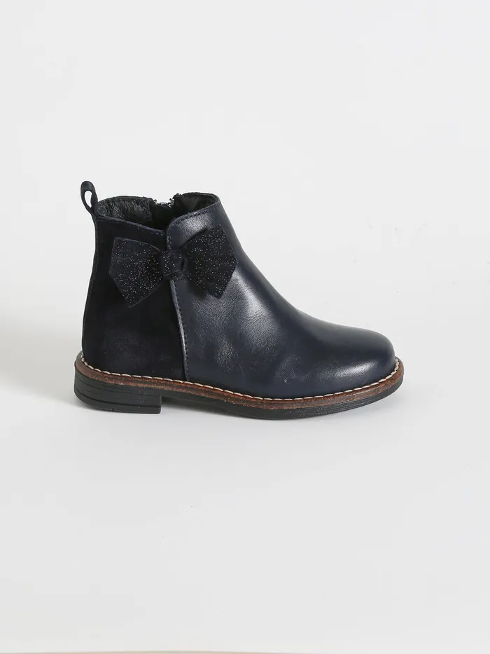 Girls Cyrillus Shoes Leather Ankle Boots With Bow Marine