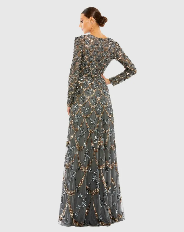 Gray Embellished Illusion High Neck Long Sleeve A Line Gown Charcoal Evening Gowns Mac Duggal Women