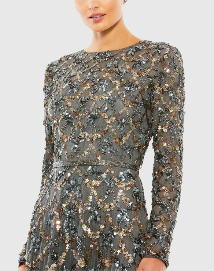 Gray Embellished Illusion High Neck Long Sleeve A Line Gown Charcoal Evening Gowns Mac Duggal Women