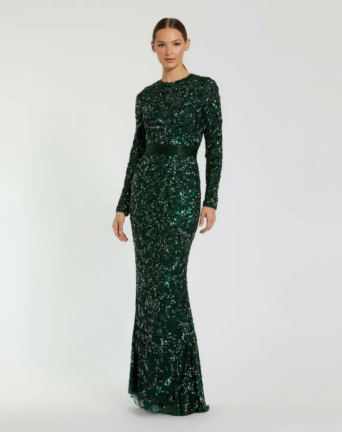 Green Hand Embellished Long Sleeve Gown Forest Green Women Best Sellers Mac Duggal