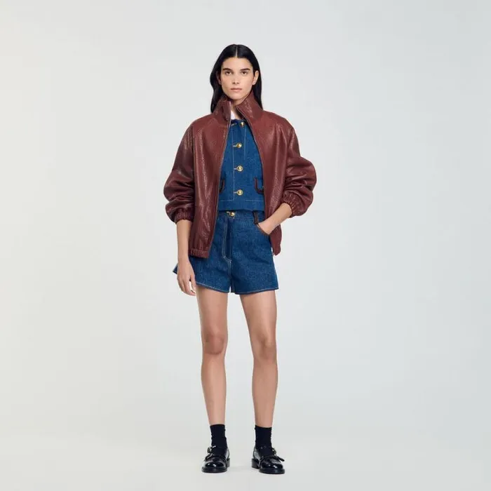 Jackets and Blazers Women SANDRO Oversized Leather Jacket Burgundy