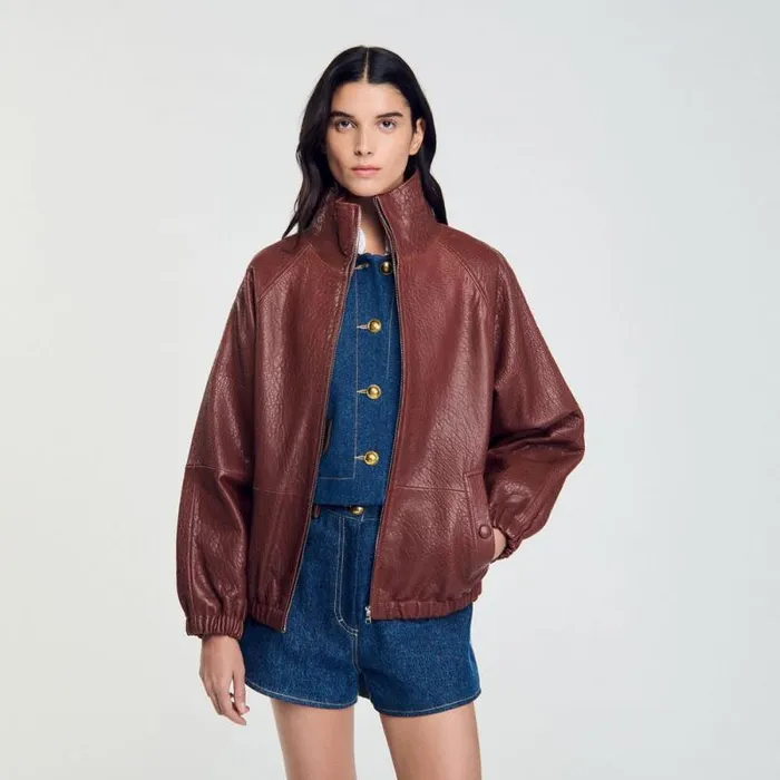 Jackets and Blazers Women SANDRO Oversized Leather Jacket Burgundy