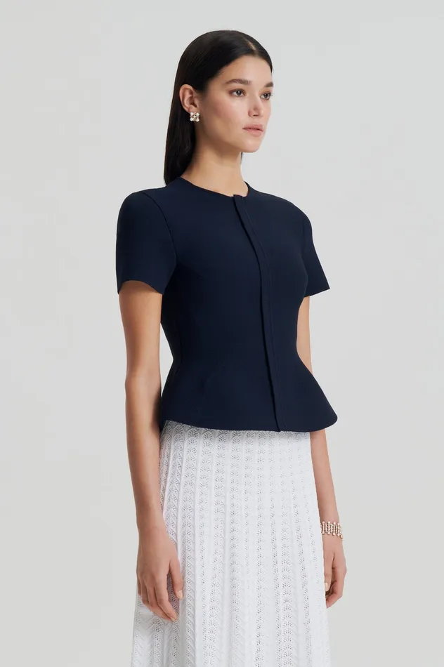 Jackets Women CREPE KNIT SHORT SLEEVE PEPLUM JACKET NAVY Scanlan Theodore Jackets Women CREPE KNIT SHORT SLEEVE PEPLUM JACKET NAVY Scanlan Theodore
