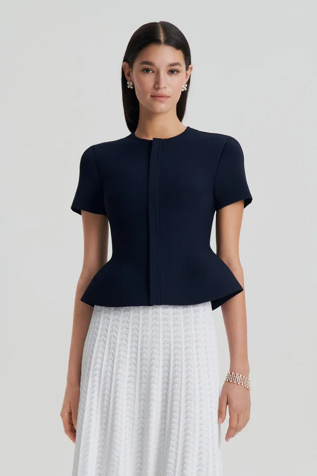 Jackets Women CREPE KNIT SHORT SLEEVE PEPLUM JACKET NAVY Scanlan Theodore Jackets Women CREPE KNIT SHORT SLEEVE PEPLUM JACKET NAVY Scanlan Theodore