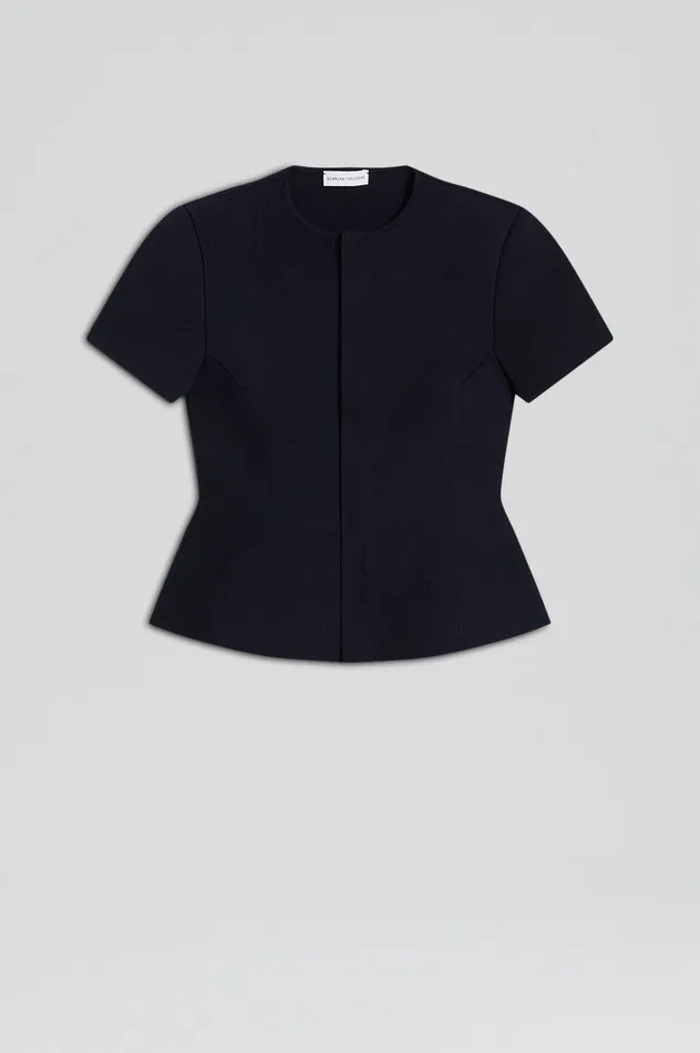 Jackets Women CREPE KNIT SHORT SLEEVE PEPLUM JACKET NAVY Scanlan Theodore Jackets Women CREPE KNIT SHORT SLEEVE PEPLUM JACKET NAVY Scanlan Theodore