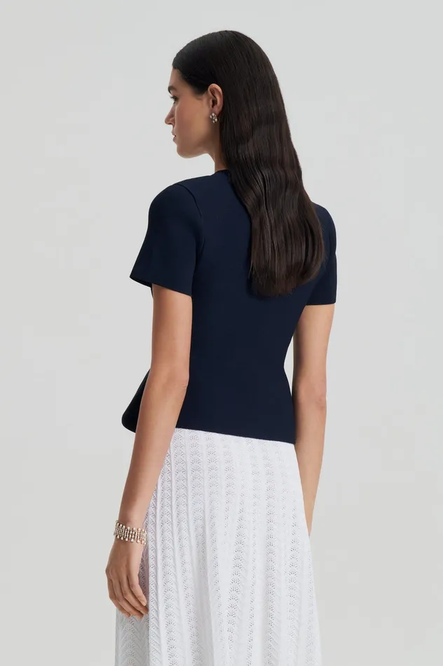 Jackets Women CREPE KNIT SHORT SLEEVE PEPLUM JACKET NAVY Scanlan Theodore Jackets Women CREPE KNIT SHORT SLEEVE PEPLUM JACKET NAVY Scanlan Theodore