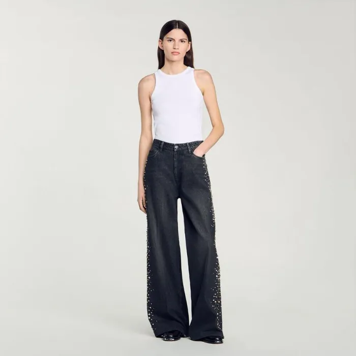Jeans Women SANDRO Wideleg Rhinestone Jeans Black