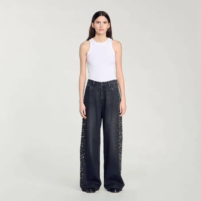Jeans Women SANDRO Wideleg Rhinestone Jeans Black