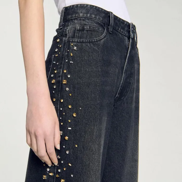 Jeans Women SANDRO Wideleg Rhinestone Jeans Black