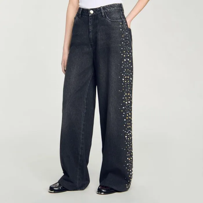 Jeans Women SANDRO Wideleg Rhinestone Jeans Black
