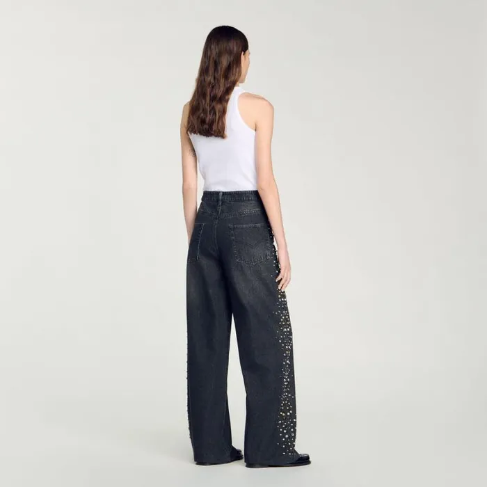 Jeans Women SANDRO Wideleg Rhinestone Jeans Black