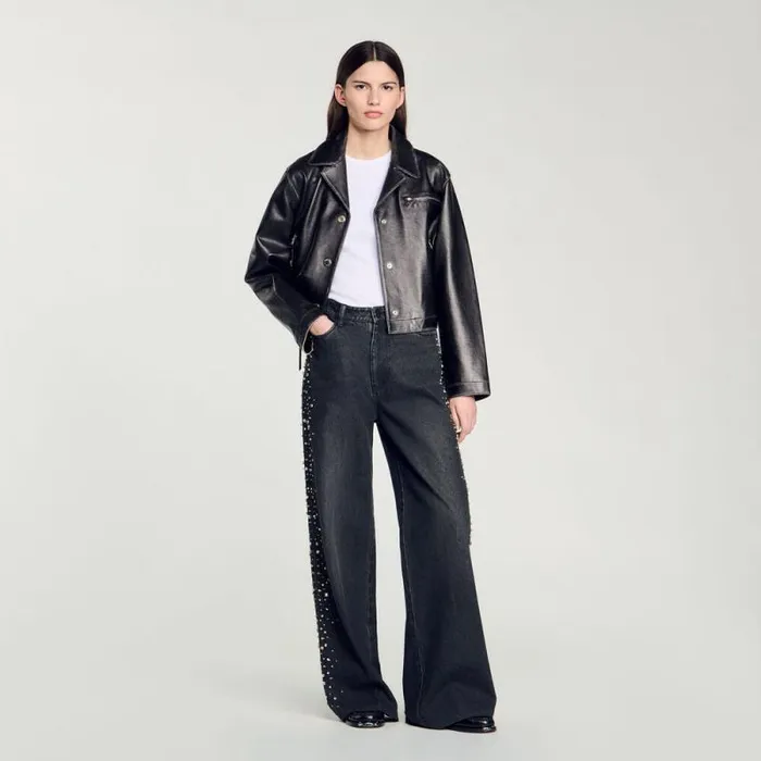 Jeans Women SANDRO Wideleg Rhinestone Jeans Black