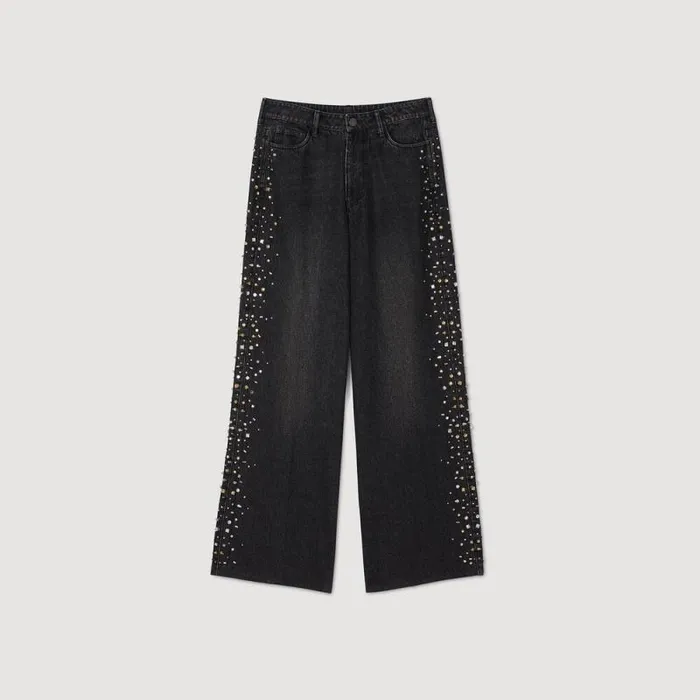Jeans Women SANDRO Wideleg Rhinestone Jeans Black