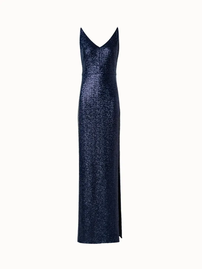 Jersey Sequins VNeck Gown Navy Women Akris Dresses