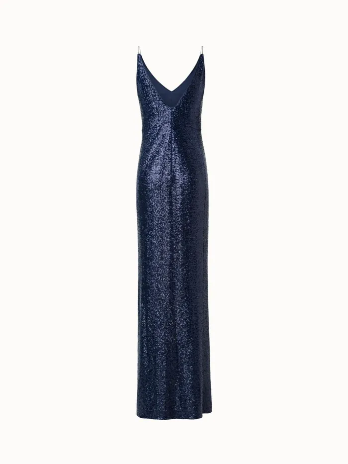Jersey Sequins VNeck Gown Navy Women Akris Dresses