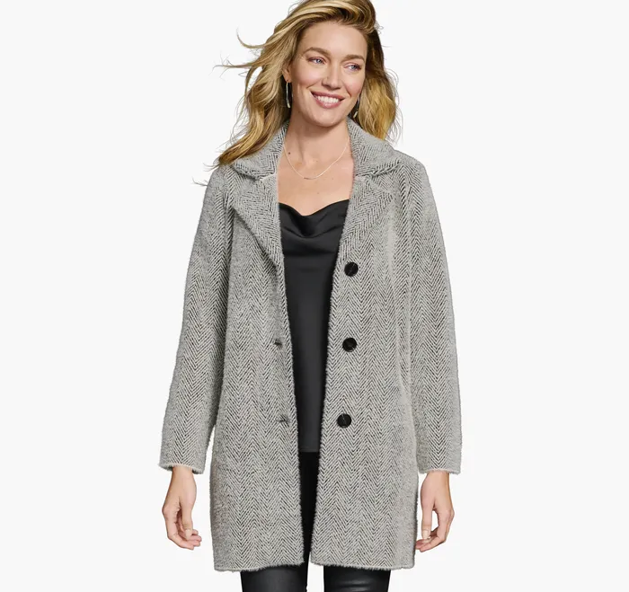 Johnston and Murphy Herringbone Eyelash Cardigan BlackCream Women Shirts Sweaters and Blazers