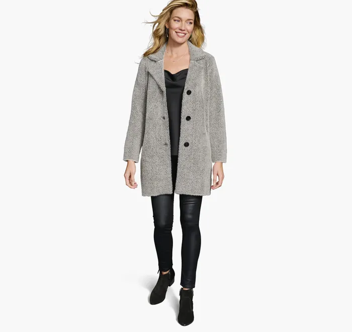 Johnston and Murphy Herringbone Eyelash Cardigan BlackCream Women Shirts Sweaters and Blazers