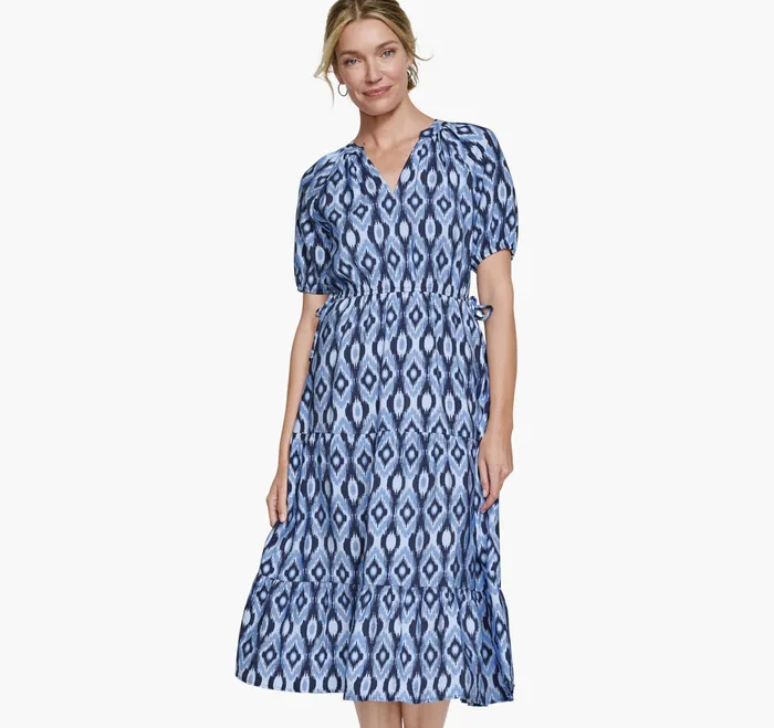 Johnston and Murphy Puff Sleeve SideTie Dress Navy Ikat Women Dresses and Pants