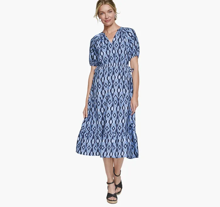 Johnston and Murphy Puff Sleeve SideTie Dress Navy Ikat Women Dresses and Pants