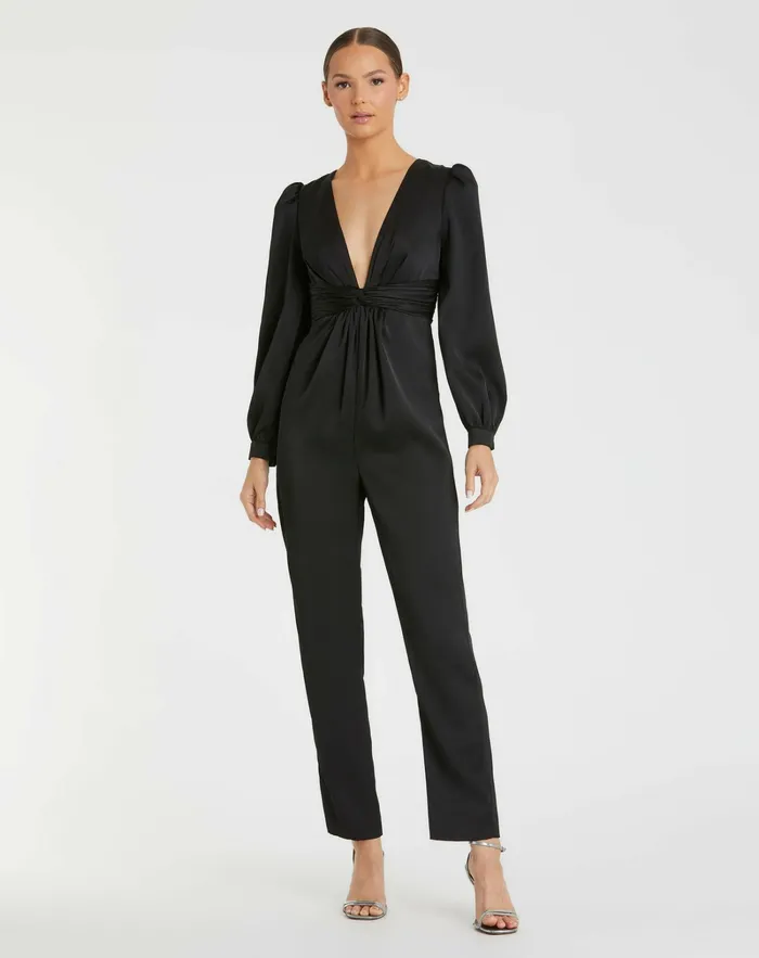 Jumpsuits and Rompers Black Front Twist Puff Sleeve Deep V Jumpsuit Black 8211 Mac Duggal Women