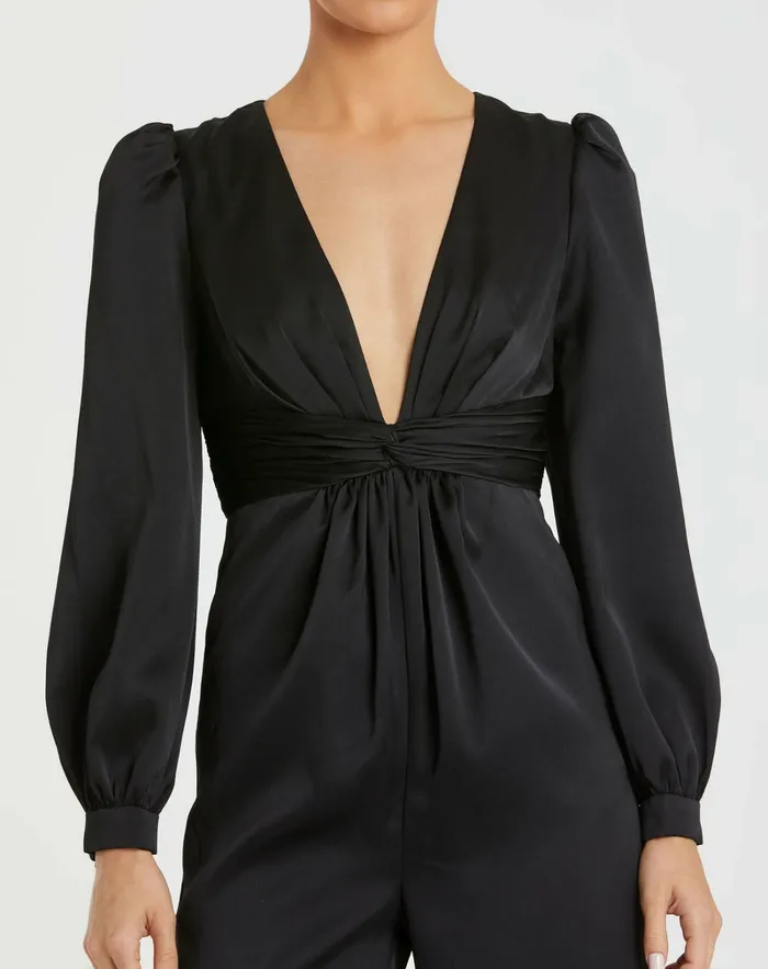 Jumpsuits and Rompers Black Front Twist Puff Sleeve Deep V Jumpsuit Black 8211 Mac Duggal Women