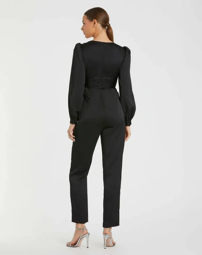 Jumpsuits and Rompers Black Front Twist Puff Sleeve Deep V Jumpsuit Black 8211 Mac Duggal Women