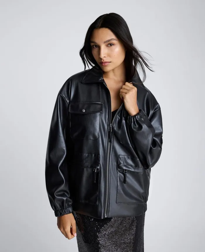 Kenneth Cole Blazers and Jackets Women Faux Leather Shirt Collar Bomber Jacket Black