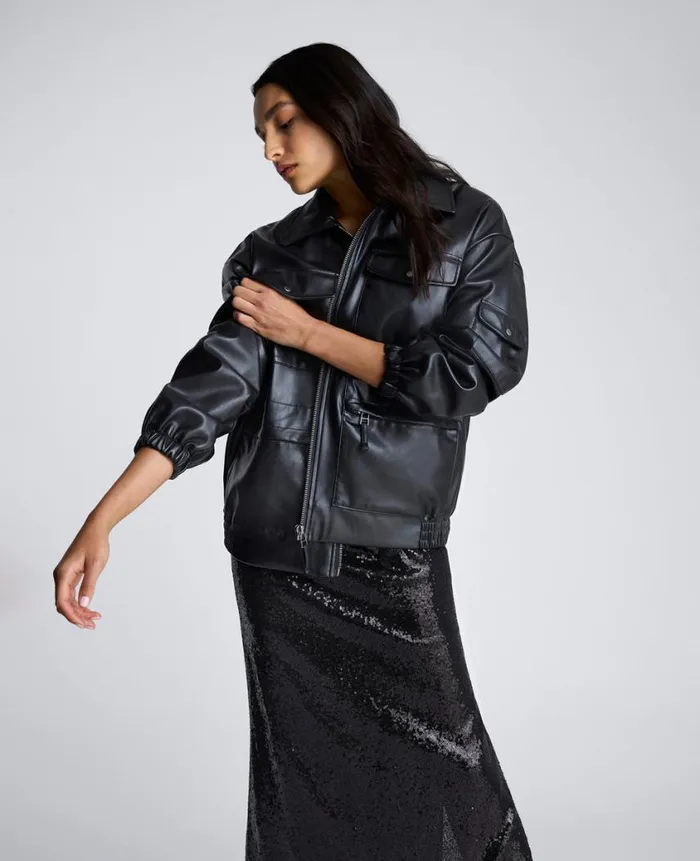 Kenneth Cole Blazers and Jackets Women Faux Leather Shirt Collar Bomber Jacket Black