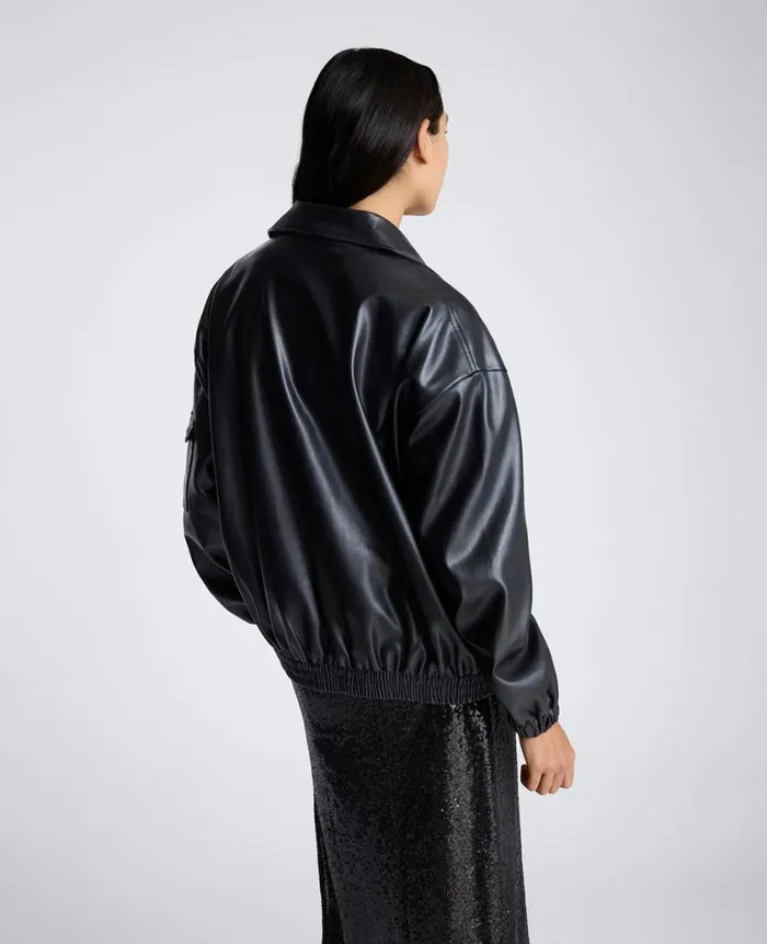 Kenneth Cole Blazers and Jackets Women Faux Leather Shirt Collar Bomber Jacket Black