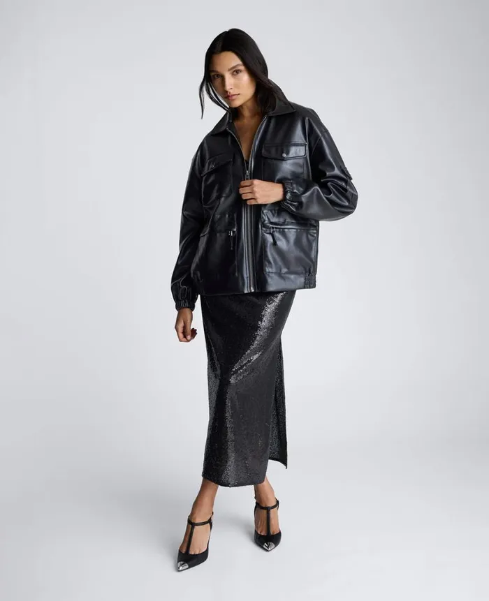 Kenneth Cole Blazers and Jackets Women Faux Leather Shirt Collar Bomber Jacket Black