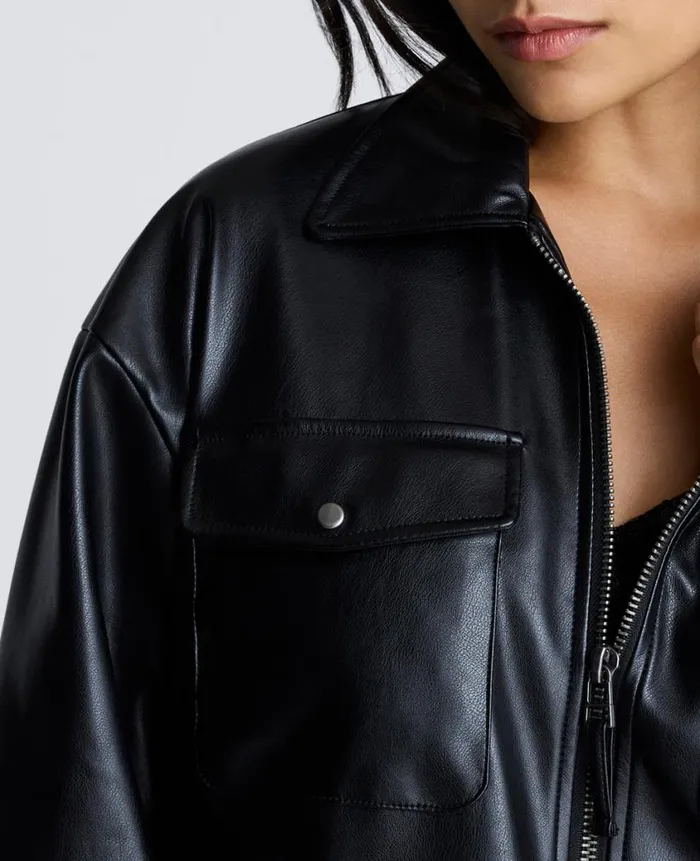 Kenneth Cole Blazers and Jackets Women Faux Leather Shirt Collar Bomber Jacket Black