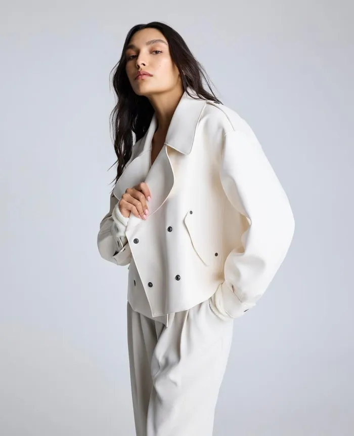 Kenneth Cole Blazers and Jackets Women Faux Leather Snap Front Short Trench Beige