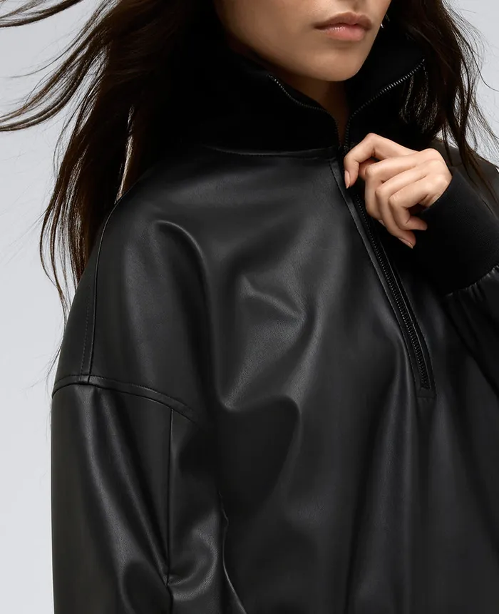 Kenneth Cole Blazers and Jackets Women Vegan Leather Half Zip Pullover Black