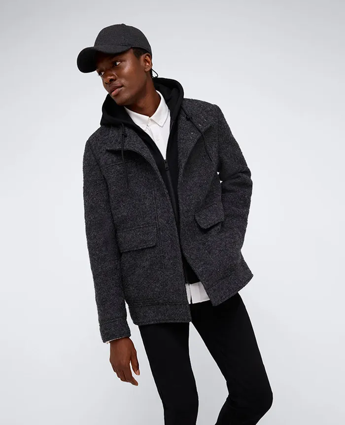 Kenneth Cole Jackets and Outerwear Men Boucle Wool Jacket With Attached Jersey Hood Grey