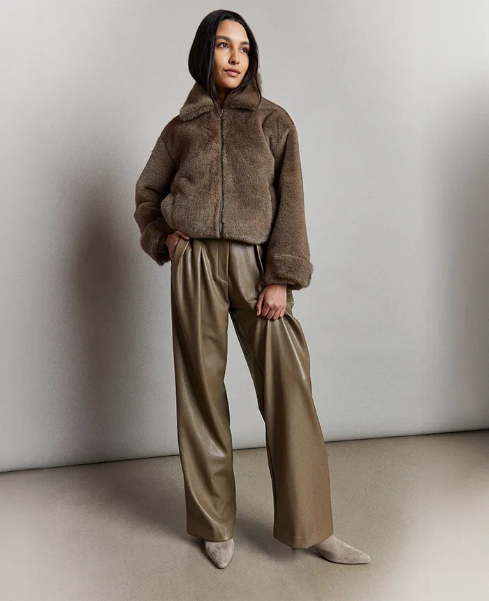 Kenneth Cole Matching Sets Women Faux Leather High Rise Wide Leg Trouser Brown