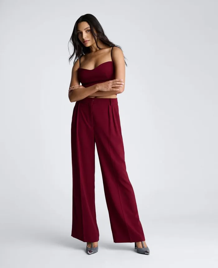 Kenneth Cole Matching Sets Women High Rise Fly Front Double Pleat Wide Leg Pant Red