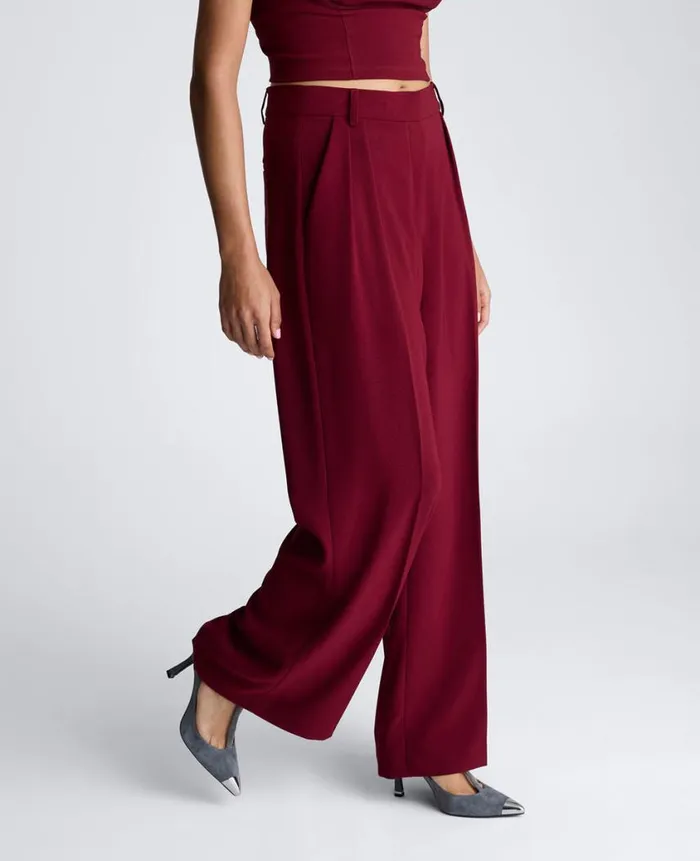 Kenneth Cole Matching Sets Women High Rise Fly Front Double Pleat Wide Leg Pant Red
