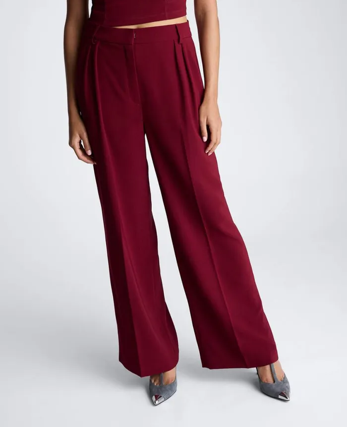 Kenneth Cole Matching Sets Women High Rise Fly Front Double Pleat Wide Leg Pant Red